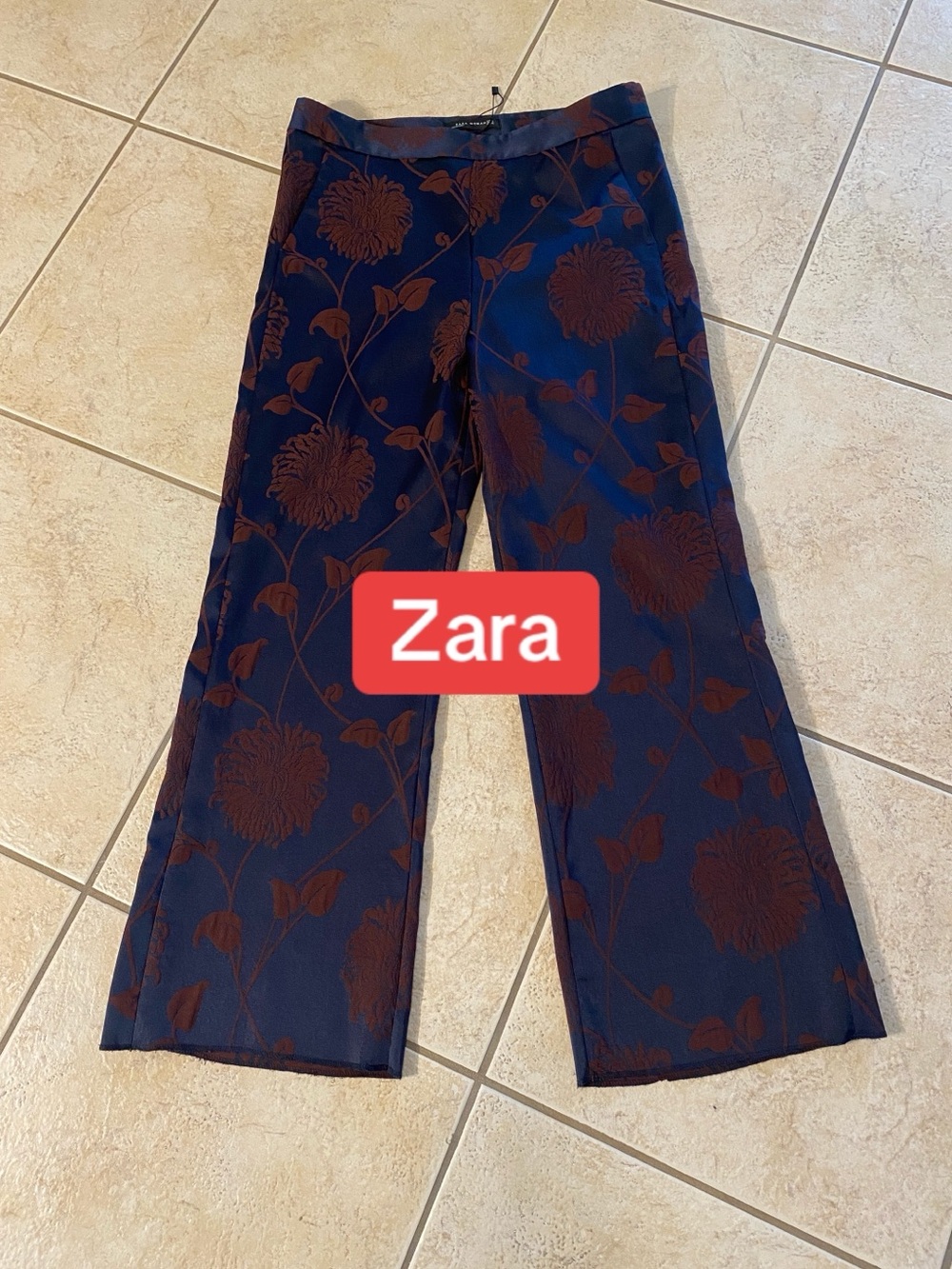 Zara Navy & Rust Jacquard Floral Wide-Leg Trousers Large
